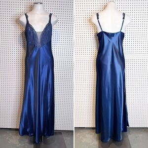 Victorias Secret | 80s Vintage Gold Label Navy Blue Satin Maxi Chemise Slip‎